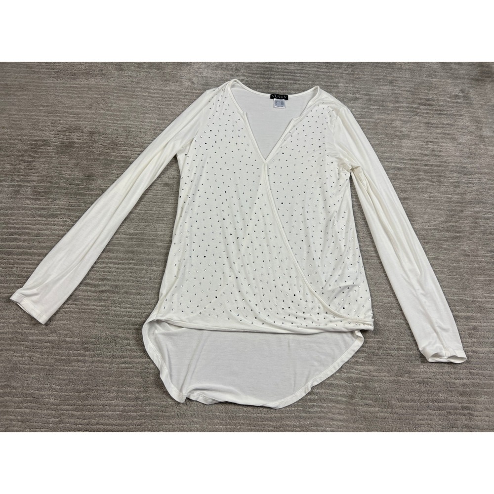 Venus Top Womens Medium White Rhinestone Surplice High-Low Faux Wrap Long Sleeve